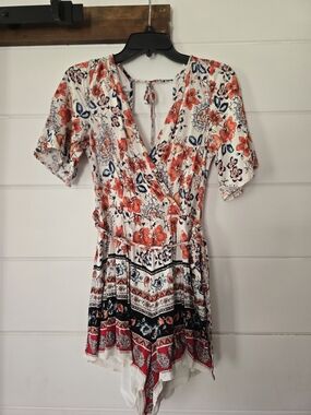 Blue Rain White Floral Boho Wrap Romper with Red & Navy Accents Medium